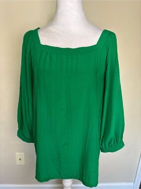 LOFT Emerald Green Square Neck Blouse 3/4-length balloon sleeves Size M